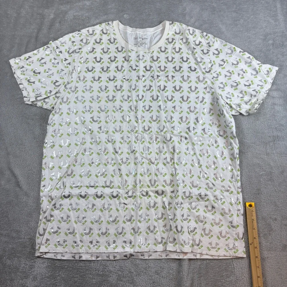 True Religion Shirt Men‎ XXXL All Over Logo Horseshoe Graphic White Silver Green